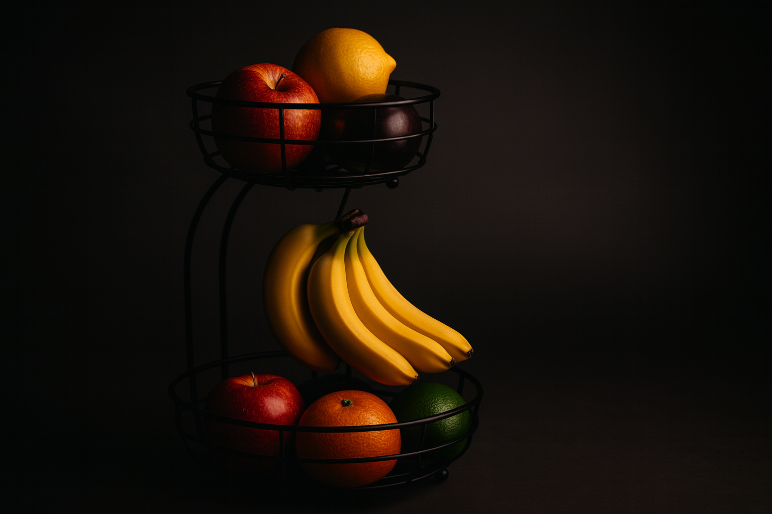 AULEDIO 2-Tier Countertop Fruit Basket with Banana Hanger – Black Iron Fruit & Vegetable Bowl Organizer (64 oz)