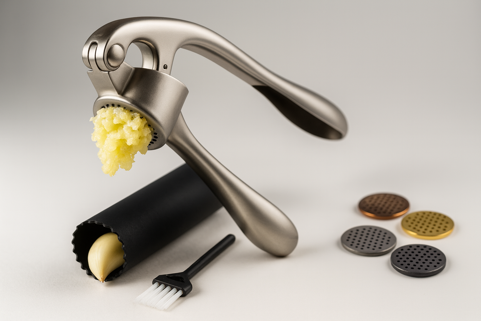 Zulay Kitchen Premium Garlic Press Set – Rust-Proof & Dishwasher Safe – Easy-Squeeze, Easy-Clean with Soft Ergonomic Handle – Silicone Garlic Peeler & Cleaning Brush (Silver)